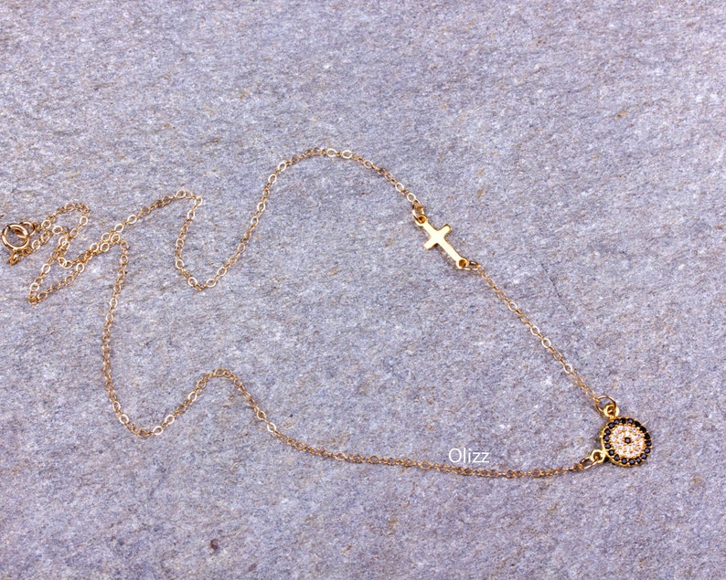 Evil eye cross necklace, sideways cross necklace, eye cross necklace, cross necklace, sterling silver evil eye necklace, gold filled evil eye necklace, sister gift, mothers Day gift, greek mother