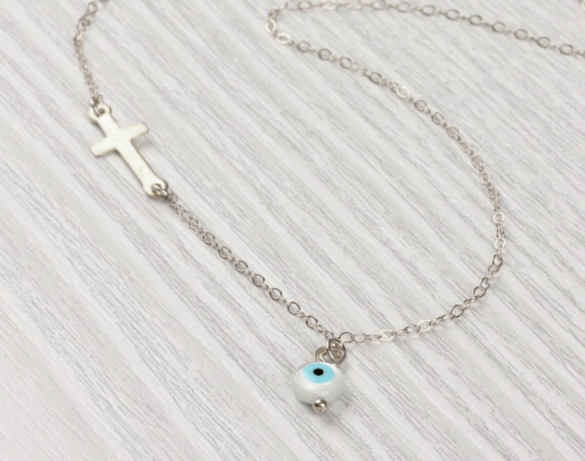 Evil Eye Necklace Protection Necklace Sideways Cross Etsy