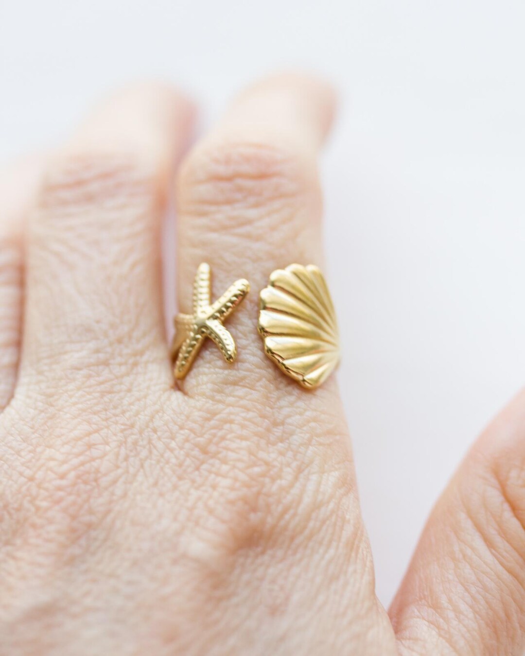 Sea Gold Rings Gold Starfish Seashell Ring, 18k Gold Plated Stainless Steel ...