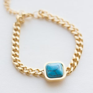 Turquoise Stone Bracelet, Chunky Chain Bracelet, Thick Bracelet, Gold Turquoise Bracelet, Holiday Gift for Mother, Valentines Gift