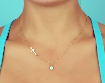 Sideways cross necklace, Gold Evil eye necklace, Gold filled cross necklace, Mother jewelry, Best friend necklace, Layered necklace | Stilbe