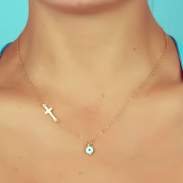 Sideways cross necklace, Gold Evil eye necklace, Gold filled cross necklace, Mother jewelry, Best friend necklace, Layered necklace | Stilbe