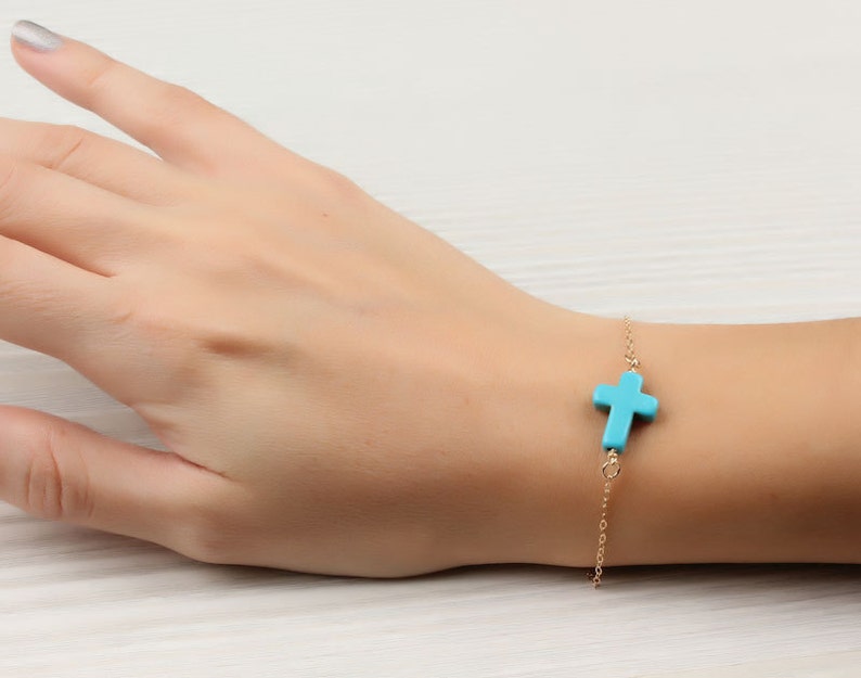 turquoise cross bracelet, sideways cross bracelet, blue cross bracelet, gold filled cross bracelet, bridesmaid bracelet, mothers day gift, black friday sale,