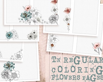 Coloring Flowers _ printable notes pack _ for Traveler&#39;s Notebook REGULAR