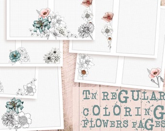 Coloring Flowers _ printable notes pack _ for Traveler's Notebook REGULAR