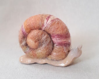 Peachy Garden Snail, Needle Felted Wool and Clay