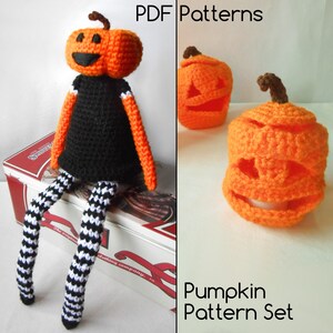 Halloween CROCHET PATTERN Deal, Set of 2 Pumpkinhead Doll and Jack O'Lantern - Pumpkin Shelf Sitter & Tealight  Holder by TeaTimeYarnDesign