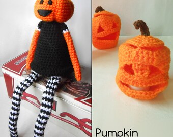Halloween CROCHET PATTERN Deal, Set of 2 Pumpkinhead Doll and Jack O'Lantern - Pumpkin Shelf Sitter & Tealight  Holder by TeaTimeYarnDesign