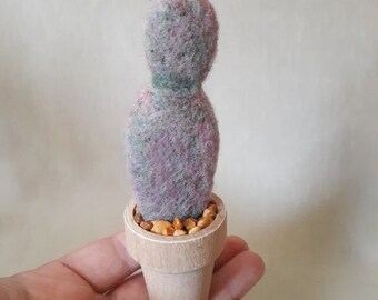 Potted Cactus, Needle Felted Wool, Faux Opuntia Plant in Mini Wooden Pot