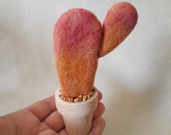 Potted Cactus, Needle Felted Wool, Faux Opuntia Plant in Mini Wooden Pot