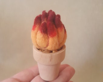 Potted Succulent, Needle Felted Wool, Yellow and Red Faux Plant in Mini Wooden Pot