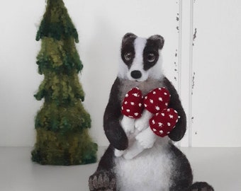 Badger and Mushrooms Sculpture, Needle Felted Wool, Ready to Ship