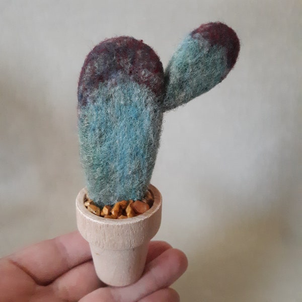 Potted Cactus, Needle Felted Wool, Faux Opuntia Plant in Mini Wooden Pot