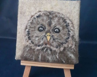 Ural Owl, Needle Felted Wool Painting w/Stand