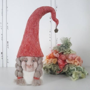 Pink and White Gnome Shelf Sitter, Needle Felted Tomte Gift, Nordic Nisse
