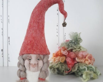 Pink and White Gnome Shelf Sitter, Needle Felted Tomte Gift, Nordic Nisse