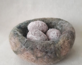 Bird Nest with Three Eggs, Needle Felted Wool Nest