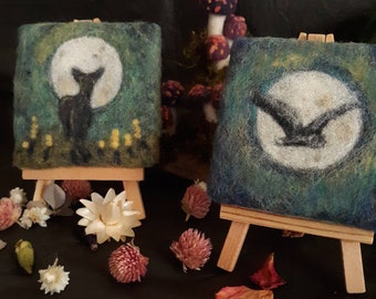 Doe or Owl in Moonlight, Needle Felted Wool Painting w/Stand