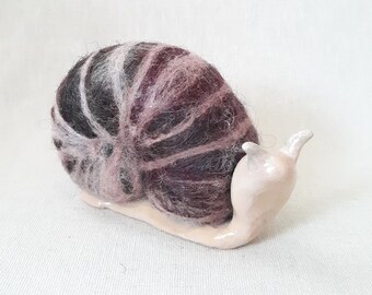 Purple Garden Snail, Needle Felted Wool and Clay