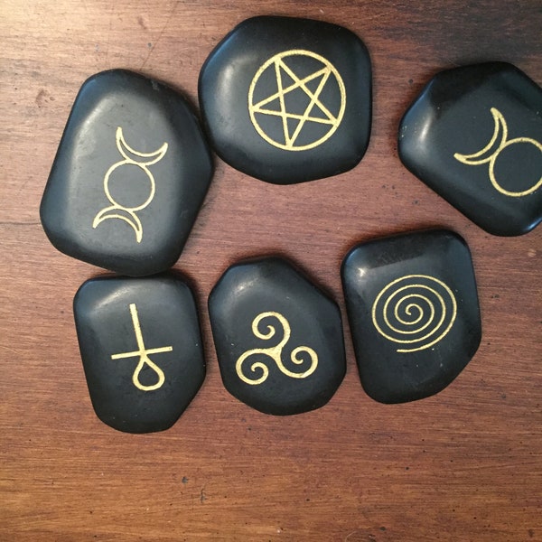 Black Jasper Palm Stones with Wiccan Pagan Celtic Symbols set of 6 Stones!  Free Shipping!