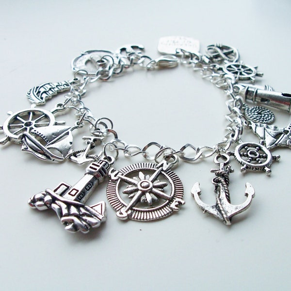 Nautical themed charm bracelet - metal charm nautical/boat/anchor bracelet - nautical charm bracelet - nautical jewelry - lighthouse/yacht