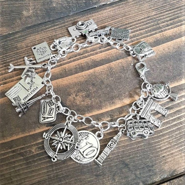 Travel charm bracelet - metal travel adventure charm bracelet - travel charm jewelry - travel/compass/passport/world gift keepsake bracelet