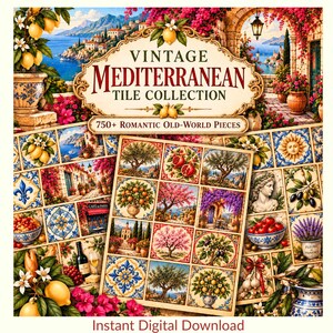750+ Vintage Mediterranean Tiles Printable, Old World Tile Designs, Cottagecore Junk Journal Ephemera, European Mosaic Digital Download