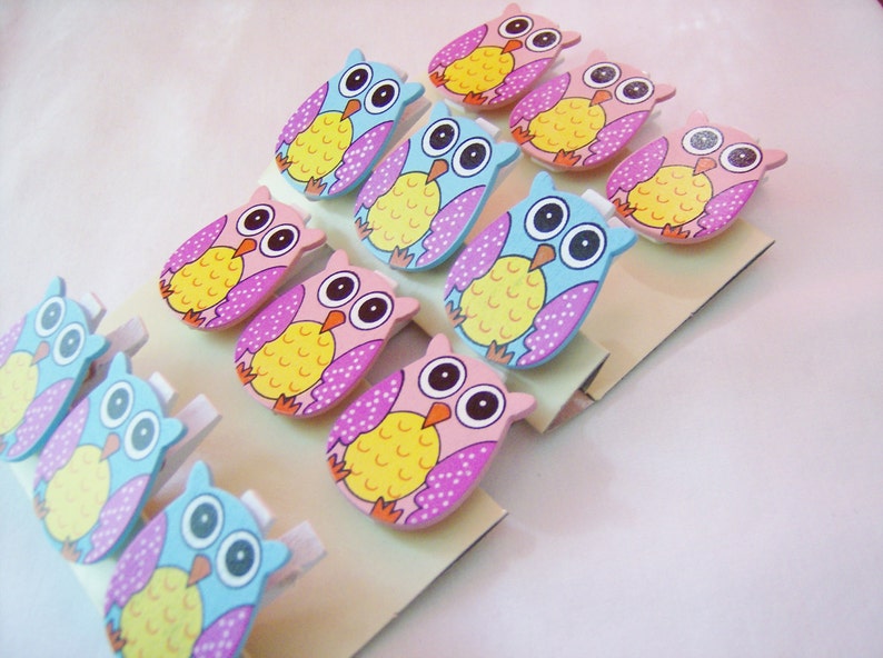 owl card clips owl favours 12 Owl wooden peg ornaments birthday party ornaments owl decorations owl wooden pegs