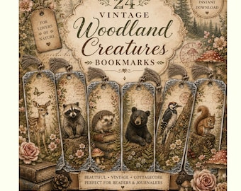 24 Marcapáginas Vintage de Animales del Bosque (Juego Imprimible de 24) / Marcapáginas de Animales Estilo Cottagecore / Regalos de Lectura Rústicos / Material para Diarios Creativos