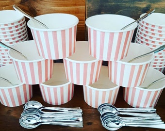 12 - 500 Pink cups with spoons - 8oz pink striped 200ml ice-cream/gelato/dessert/soup cups - pink baby shower/birthday/wedding snack/treats