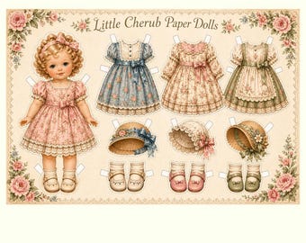 Digital - Muñecos de papel para imprimir de querubines, estilo vintage, actividad infantil nostálgica, juguetes de viaje, viajes por carretera, pijamadas, juego tranquilo.