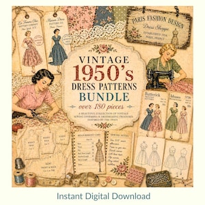 Op de afbeelding: Een digitale collectie van vintage 1950s naaipatronen met naai-ephemera, maatkaarten, notities en illustraties van jurken. De bundel bevat meer dan 180 stuks met de tekst Vintage 1950s Dress Patterns Bundle.