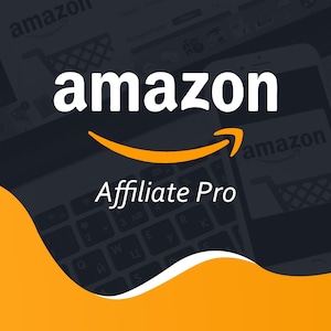 May include: A promotional graphic for Amazon Affiliate Pro. The design features the Amazon logo in white with an orange arrow, set against a dark gray background with a keyboard and phone app screenshots. The text "Affiliate Pro" is below the logo.
