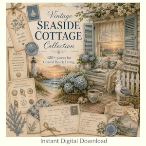 May include: A digital collection titled Vintage SEASIDE COTTAGE Collection featuring 420+ pieces for coastal beach living. The design includes a seaside cottage window, a lighthouse, a seagull, hydrangea flowers, vintage postcards, and menus.