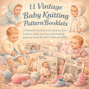Könnte beinhalten: Eine Vintage-Illustration mit Babys in Strickkleidung, umgeben von Strickmusterheften. Der Text lautet: "11 Vintage Baby Knitting Pattern Booklets" und "17 Patterns include baby jackets, hats, bootees, baby patterns and knitting patterns from the 1950's 1960s and 1970's."