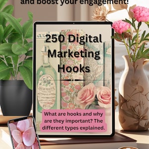 Può includere: Uno schermo di laptop che mostra una risorsa di marketing digitale con il testo "250 Digital Marketing Hooks" e lo slogan "What are hooks and why are they important? The different types explained."