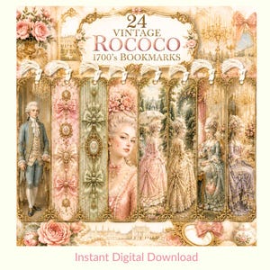 May include: A set of 24 vintage Rococo 1700's bookmarks featuring ornate gold frames, pastel floral patterns, and historical figures in period attire. Each bookmark includes a white tassel at the top. The text reads 24 VINTAGE ROCOCO 1700'S BOOKMARKS and Instant Digital Download.