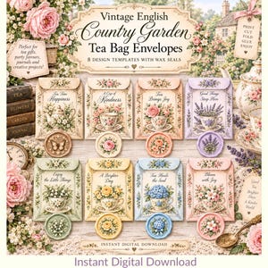Peut inclure: Huit enveloppes à sachets de thé rectangulaires en papier ornées d'illustrations florales et de motifs de tasses à thé avec des sceaux de cire assortis. Chaque enveloppe présente un texte unique, notamment Tea Time Happiness, A Cup of Kindness, Tea Brings Joy, Good Things Steep Here, Enjoy the Little Things, A Brighter Day, Tea Heals the Soul et Bloom with Joy.