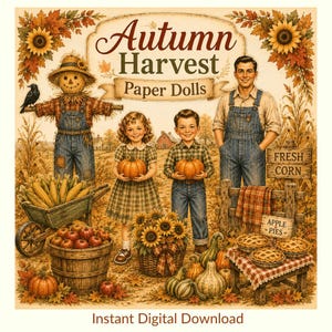 Puede incluir: Una ilustración digital Autumn Harvest Paper Dolls que muestra un espantapájaros, una niña y un niño en un campo con calabazas, girasoles, una carretilla de maíz, una cesta de manzanas y pasteles con el texto Autumn Harvest.