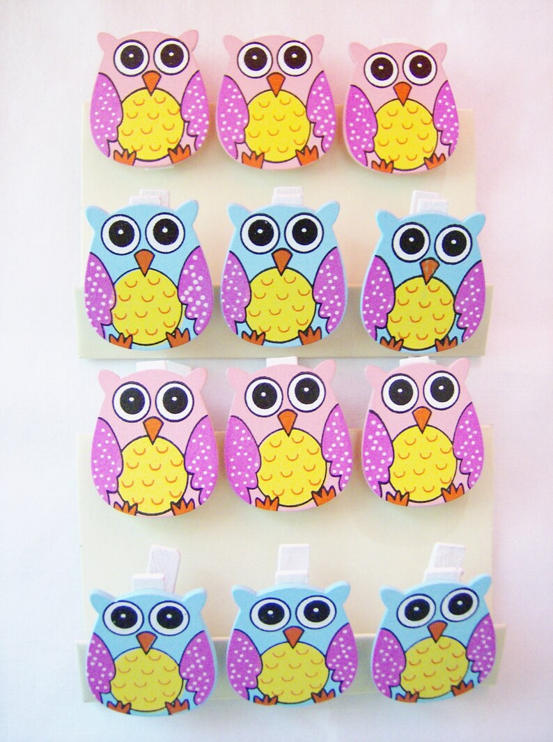 owl card clips owl favours 12 Owl wooden peg ornaments birthday party ornaments owl decorations owl wooden pegs