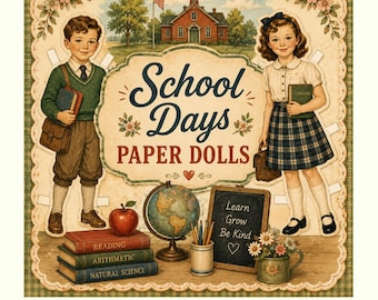 Digital - Muñecas de papel de la época escolar / Muñecas de papel vintage de los años 50 para profesor y alumna / Escena de aula escolar imprimible / Muñecas de papel estilo cottagecore