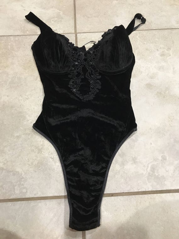 Vintage 90's Black Velvet Sequin Applique Bodysuit