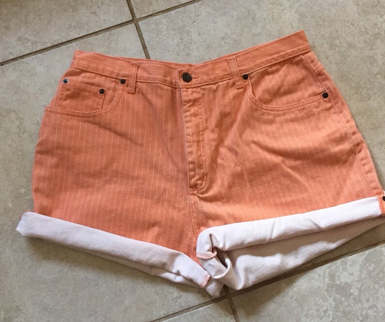 Vintage 90/'s Orange Striped High Waisted denim Shorts 16 high waist hi rise