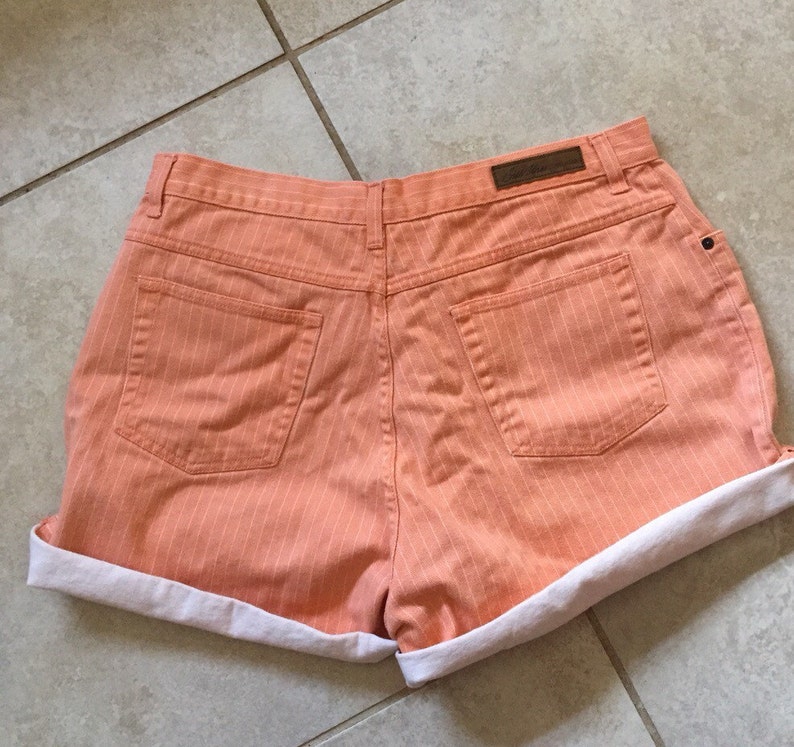 Vintage 90/'s Orange Striped High Waisted denim Shorts 16 high waist hi rise