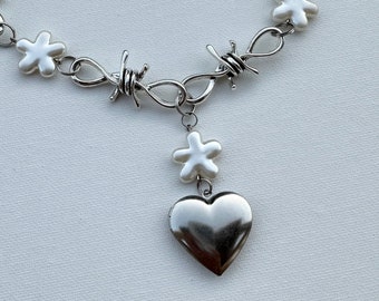 The Angel Necklace - barbed wire metal alloy chain flower pearl white plastic silver heart locket charm pendant stainless steel