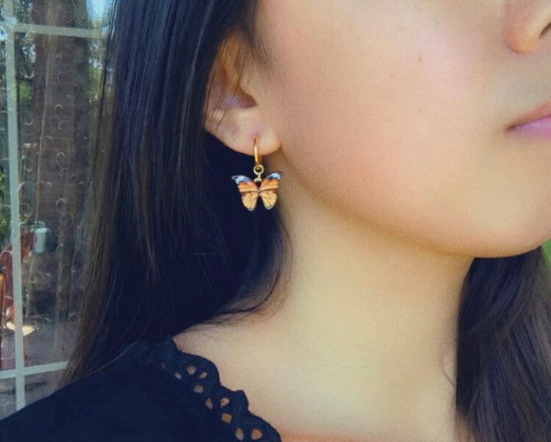 The Monarch Butterfly Earrings 24k gold filled or 14k gold plated 12mm hoop earrings orange and black gold butterfly charm image 4
