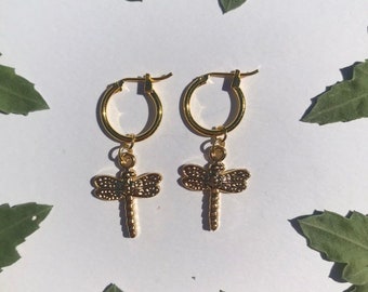 The Dragonfly 1 Earrings - 24k gold plated dragonfly charm 14k gold plated hoop earrings