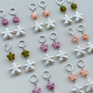 The Fairy Earrings (ONE OF ONE) - pearl flower vintage bead star butterfly plastic charm rhodium plated hoop huggie earrings
