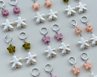 The Fairy Earrings (ONE OF ONE) - pearl flower vintage bead star butterfly plastic charm rhodium plated hoop huggie earrings