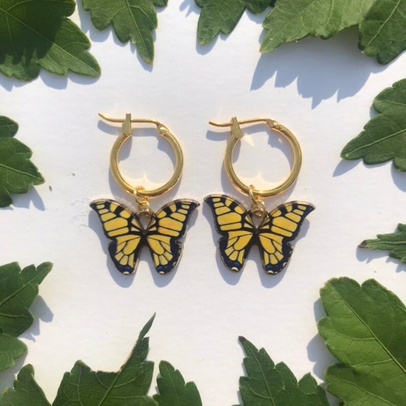The Swallowtail Butterfly Earrings 24k gold filled or 14k gold plated 12mm hoop earrings yellow and black gold butterfly charm image 2